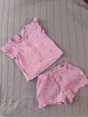 btween Pink Lemon Ruffle Sleeve and Shorts Set - Pink with Yellow Lemons